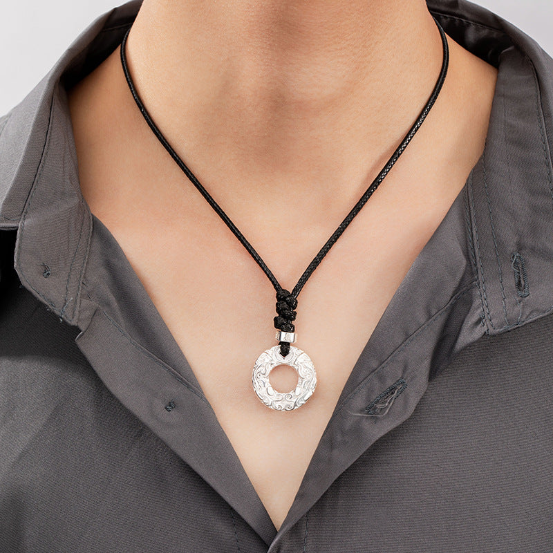 Pure Silver 999 Necklace Men's Retro Domineering Fashion Brand Xiangyun Safety Buckle Necklace National Fashion Six-Word Mantra Pendant