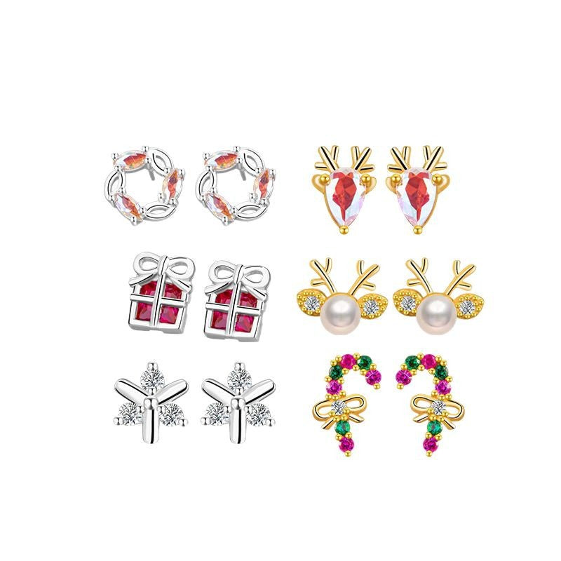Christmas Week Sterling Silver 925 Stud Earrings Light Luxury High-Grade Elk Snowflake Series Earrings Cross-Border Bow Earrings