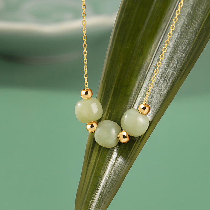 Original Sansheng Sanshi Sterling Silver 925 Hetian Jade Necklace Women's New Chinese National Fashion Clavicle Chain Ins Style round Bead Pendant