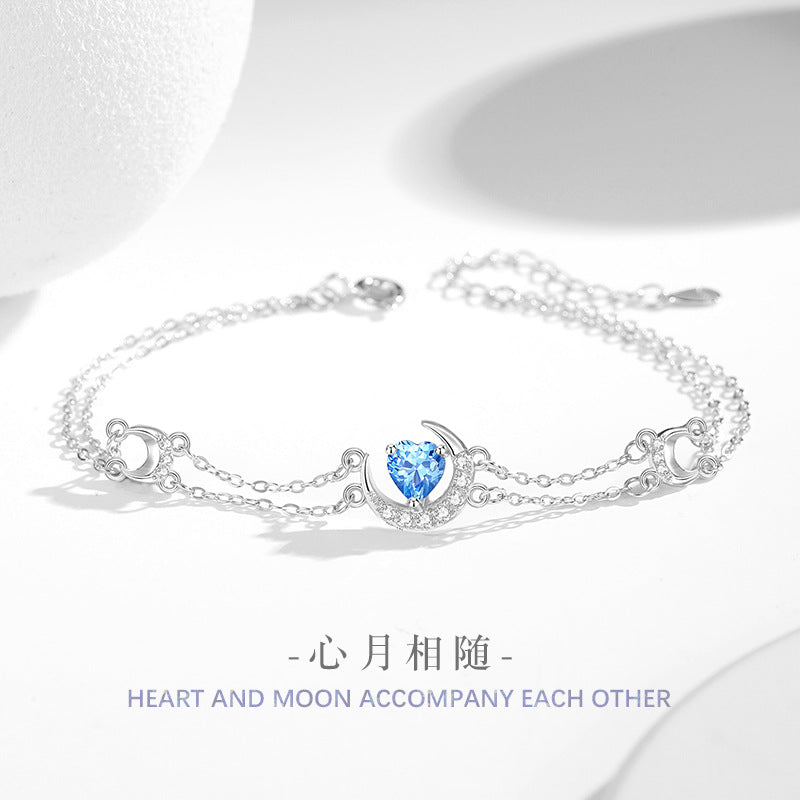Moon Sterling Silver 925 Bracelet Female Niche Design Light Luxury Navy Blue Zircon Star Bracelet Ins Style Lovely Bracelet
