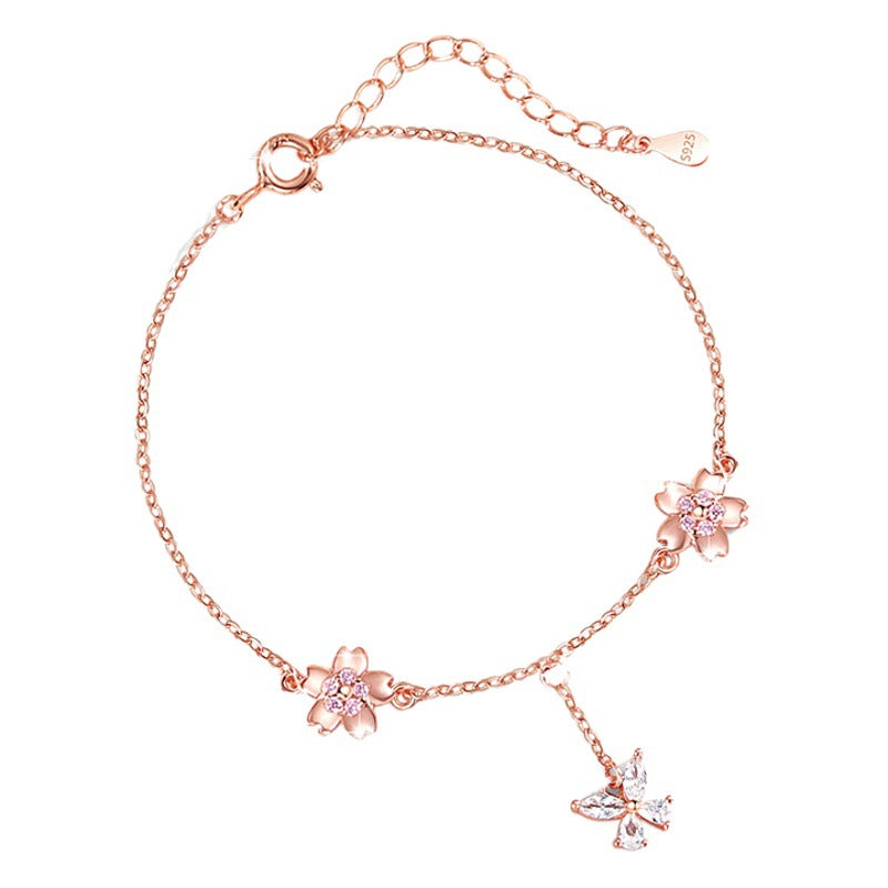 Butterfly Sterling Silver 925 Bracelet Female Niche Design Light Luxury Zircon Tassel Bracelet for INS Style Cherry Blossom Bracelet