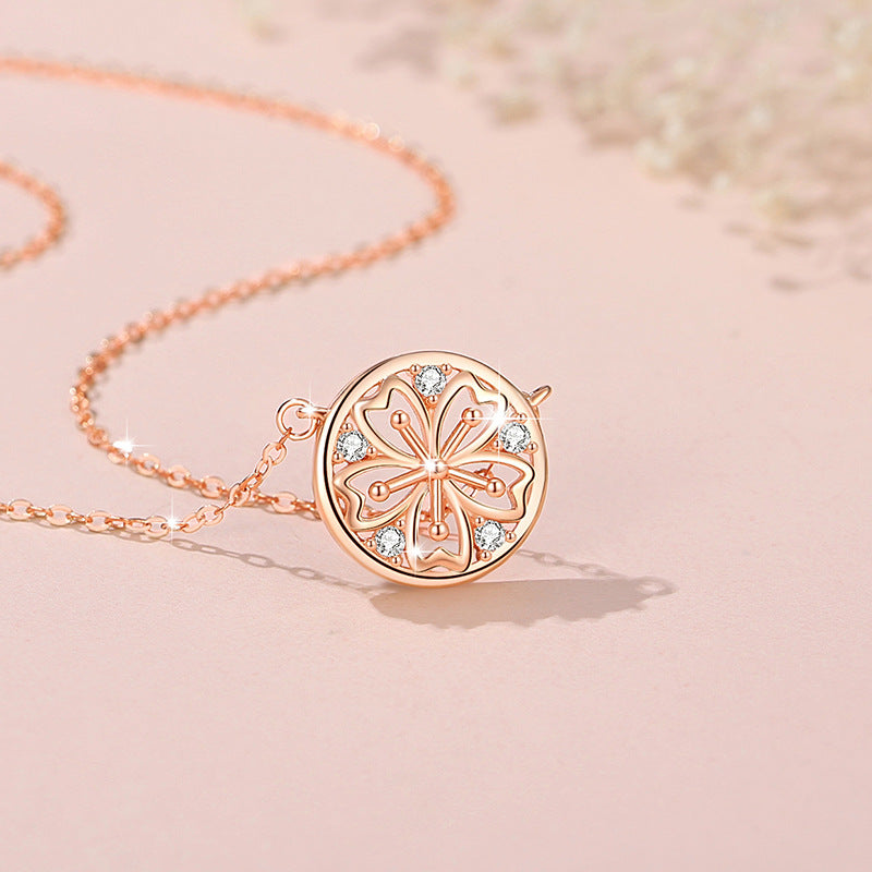 Cherry Blossom Sterling Silver 925 Necklace for Women, Niche Design, Light Luxury Zircon Clavicle Chain, INS Style Flower Pendant