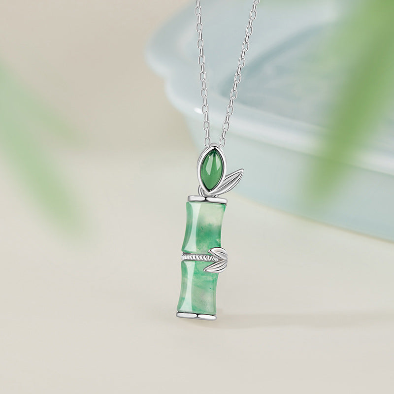 Bamboo Sterling Silver 925 Necklace Women's New Chinese Style National Fashion Natural African Emerald Clavicle Chain High-Rise Chalcedony Pendant