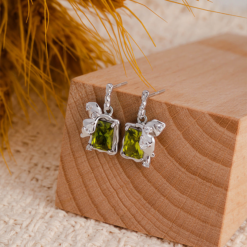 S925 Sterling Silver Olive Green Zircon Set Niche Light Luxury Lava Love Texture Necklace Earrings Gift for Girlfriend