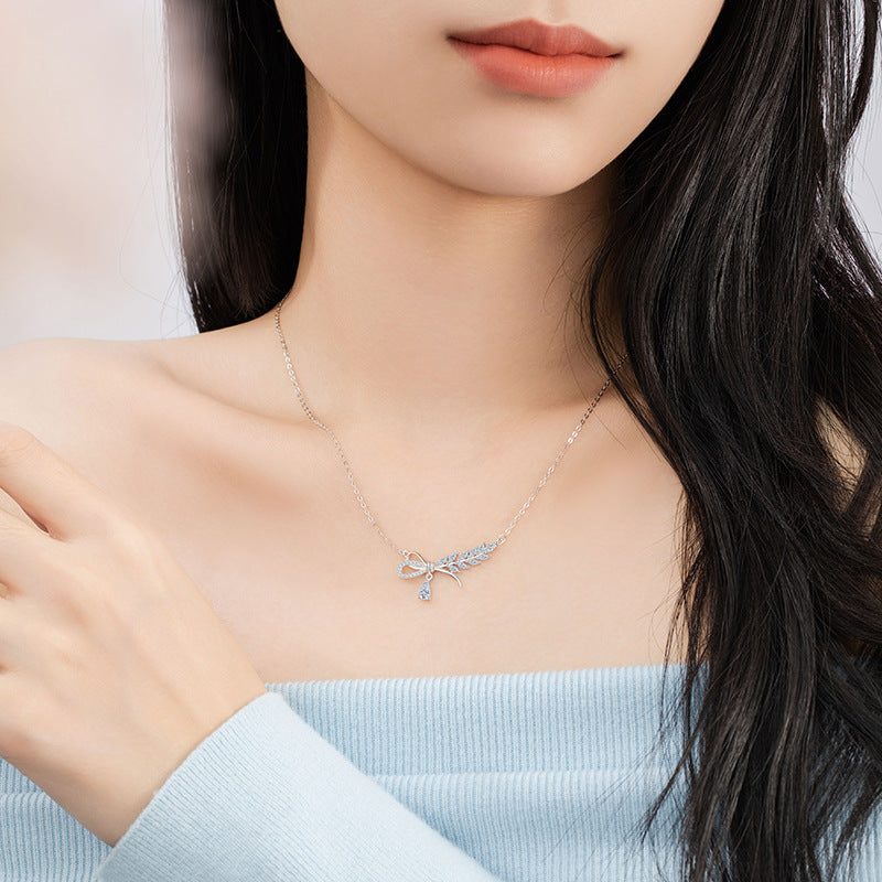 Wheat Ear Sterling Silver 925 Necklace Women's Fashion All-Match Zircon Bow Clavicle Chain Ins Style Laurel Goddess Pendant