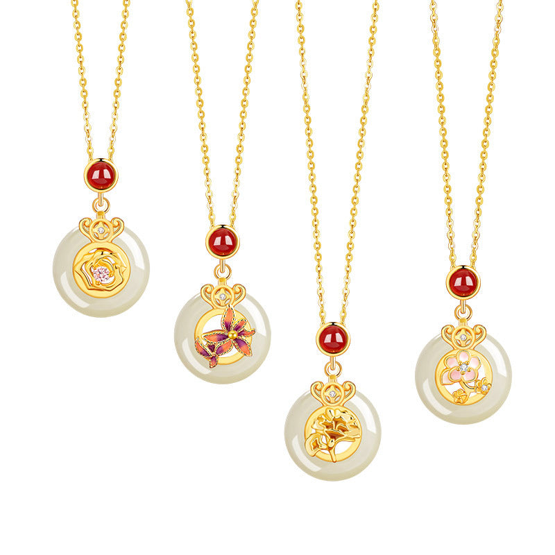 Four Seasons Flower God Sterling Silver 925 Hetian Jade Necklace Female New Chinese Rose Clavicle Chain Red Agate Plum Pendant