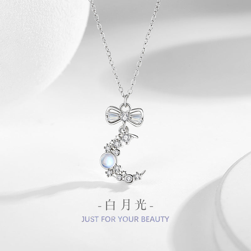 Moon Sterling Silver 925 Necklace Women's Niche Design Light Luxury Bow Clavicle Chain Zircon Moonstone Pendant