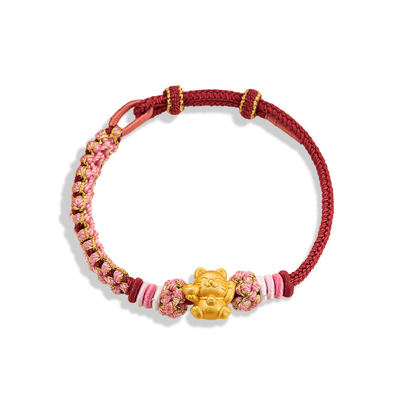 Cat Pure Silver 999 Bracelet New Chinese Style National Fashion Peach Blossom Hand-Woven Bracelet Ins Style Light Luxury Ingot Bracelet