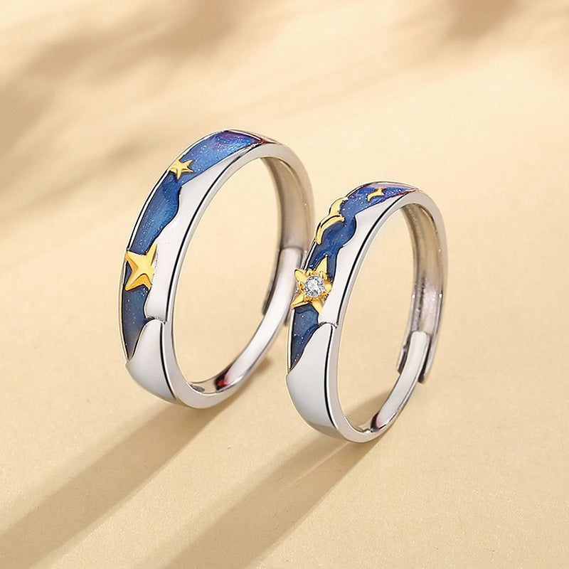 Romantic Star Sterling Silver 925 Couple Ring Fashion Versatile Star Zircon Plain Ring Ins Style Five-Pointed Star Ring