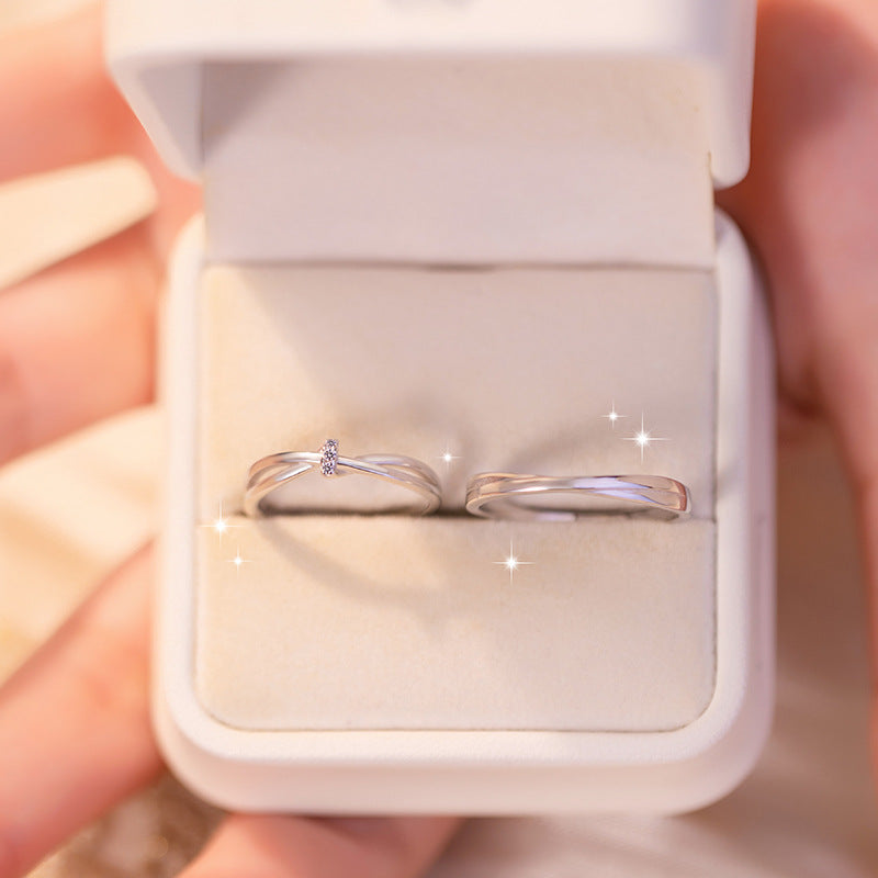 Mobius 999 Pure Silver Couple Ring Female Niche Design Light Luxury Zircon Ring Ins Intersection Line Pair Ring