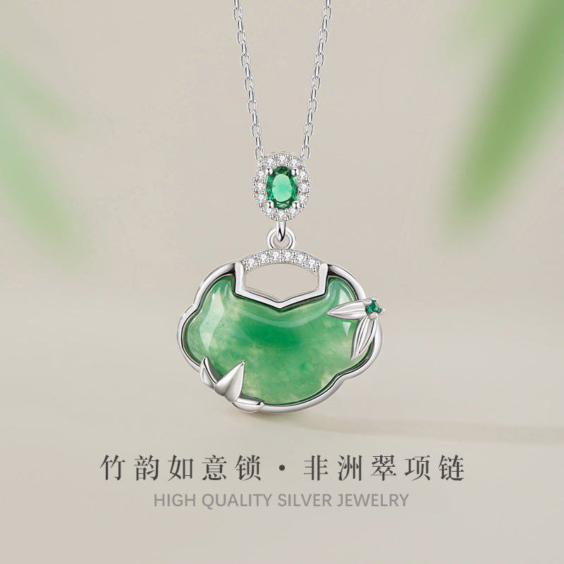 Xiangyun Ruyi Lock Sterling Silver 925 Necklace Women's New Chinese Style Natural African Emerald Bamboo Clavicle Chain Safety Lock Pendant