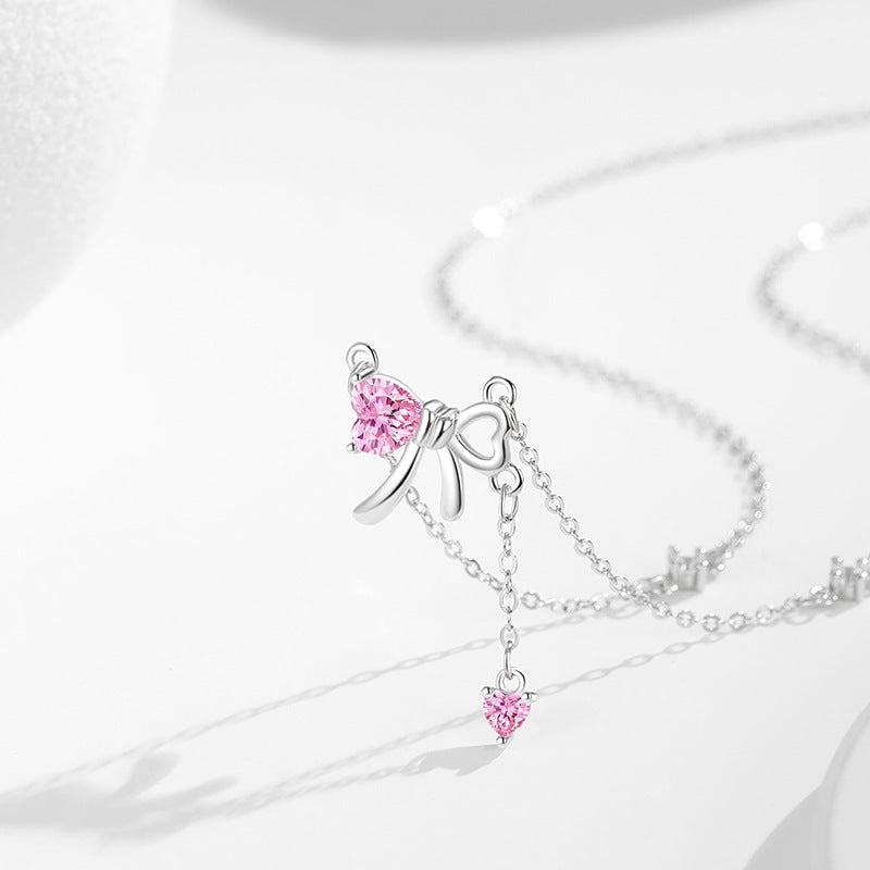 Bow Sterling Silver 925 Necklace Female Cute Sweet Style Pink Zircon Clavicle Chain Ins High-Grade Love Pendant