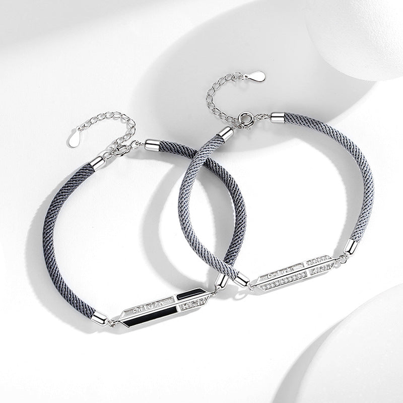Love Mark Couple Bracelet Gray Rope S925 Sterling Silver Men's and Women's Couple Bracelet Light Luxury Niche Valentine's Day Gift