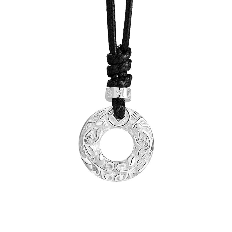 Pure Silver 999 Necklace Men's Retro Domineering Fashion Brand Xiangyun Safety Buckle Necklace National Fashion Six-Word Mantra Pendant