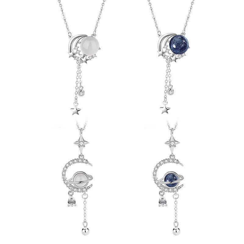 Planet S925 Sterling Silver Necklace Ins Style Natural White Agate Glass Stone Moon Pendant Star Tassel Clavicle Chain