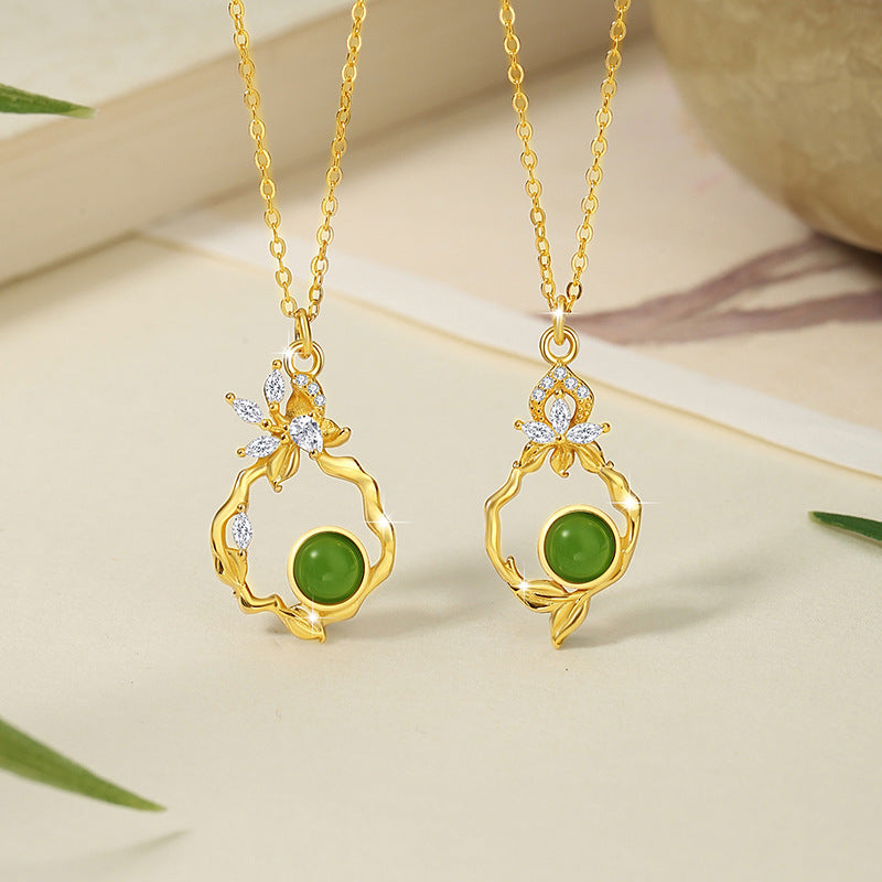 Original Flowers like Brocade Sterling Silver 925 Hetian Jasper Necklace New Chinese Style National Fashion Flower Clavicle Chain Butterfly Pendant
