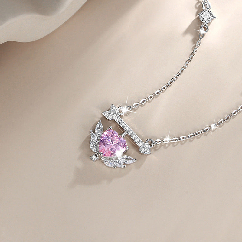 Women's 925 Sterling Silver Necklace with One Arrow, Fashionable All-Match Angel Wings Clavicle Chain, INS Love Pendant