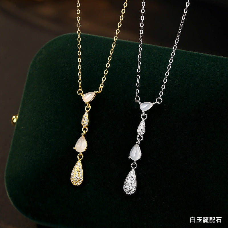 New Chinese Style Natural Hetian Jade White Chalcedony S925 Sterling Silver Necklace Elegant All-Match Water Drop Tears Tassel Clavicle Chain