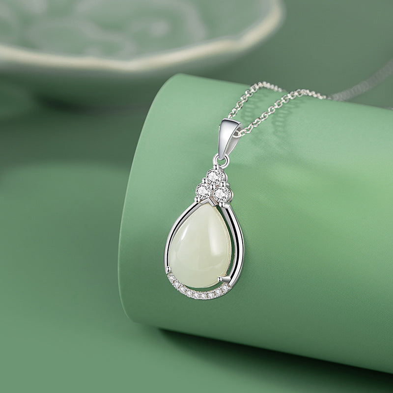 Dripping Silver 925 Necklace Light Luxury High-Grade Hetian Jade Clavicle Chain Mother's Day Gift Water Drop Pendant