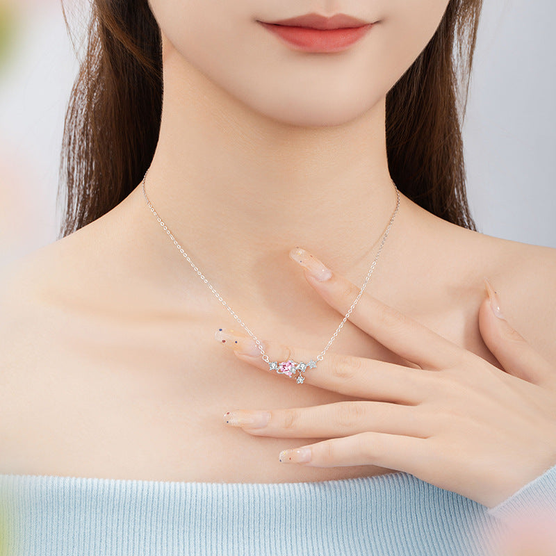 Planet Sterling Silver 925 Necklace Female Cute Light Luxury Sweet Style Pink Zircon Star Clavicle Chain Ins Love Pendant