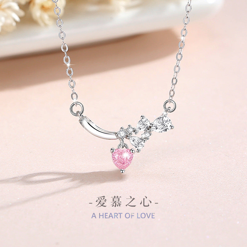 Lovely Sterling Silver 925 Necklace Women's Fashion Versatile Pink Zircon Clavicle Chain 520 Valentine's Day Star Pendant
