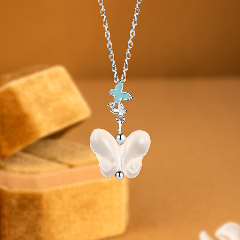 S925 Sterling Silver Chalcedony Butterfly Necklace Bracelet Set Luminous Enamel Niche Design Girl Style Silver Jewelry Wholesale