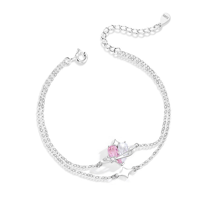 Women's Heart-Shaped Sterling Silver 925 Bracelet Fashionable All-Match Pink Diamond Star Bracelet Ins Style Planet Zircon Bracelet