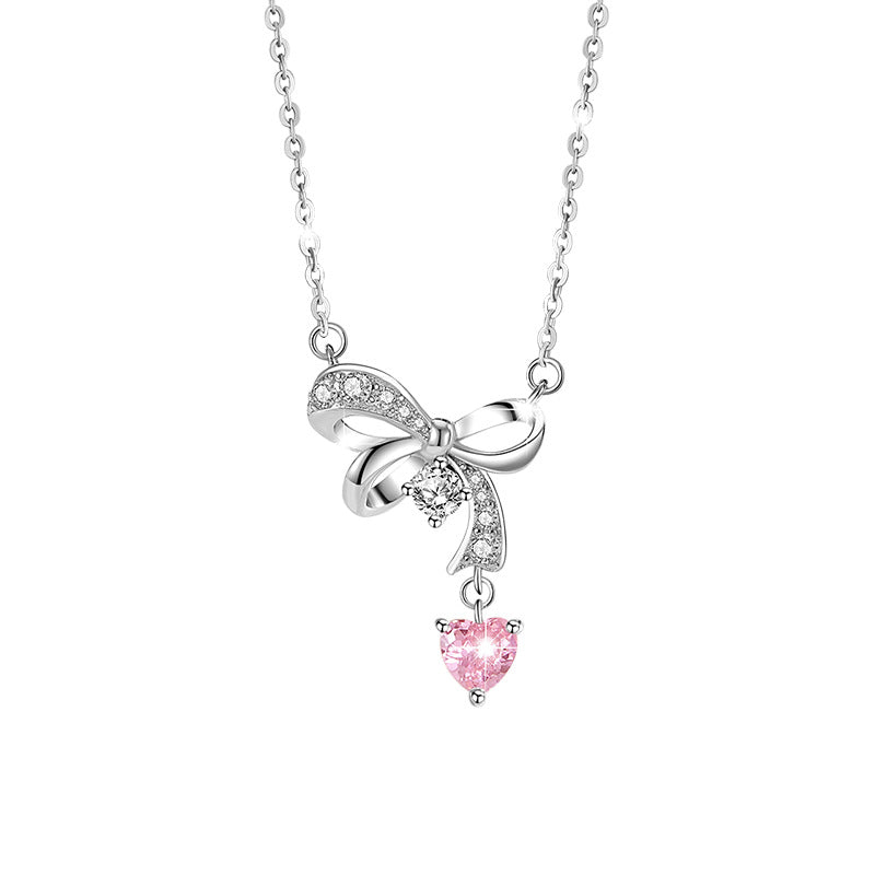 Bow Sterling Silver 925 Necklace Women's Fashion All-Match Zircon Clavicle Chain Valentine's Day Ins Style Love Pendant