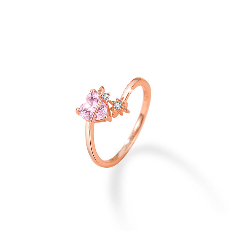 Lovely Sterling Silver 925 Ring Women's Fashion All-Match Pink Diamond Ring Things Ins Open Adjustable Planet Ring