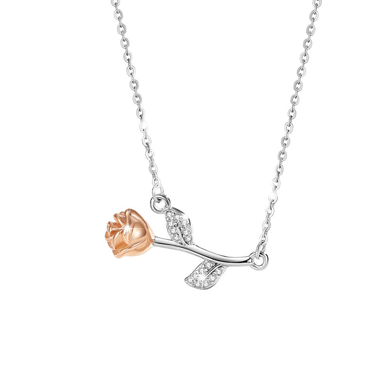 Rose Sterling Silver 925 Necklace for Women, Niche Design, Light Luxury Zircon Clavicle Chain, INS Style Flower Pendant