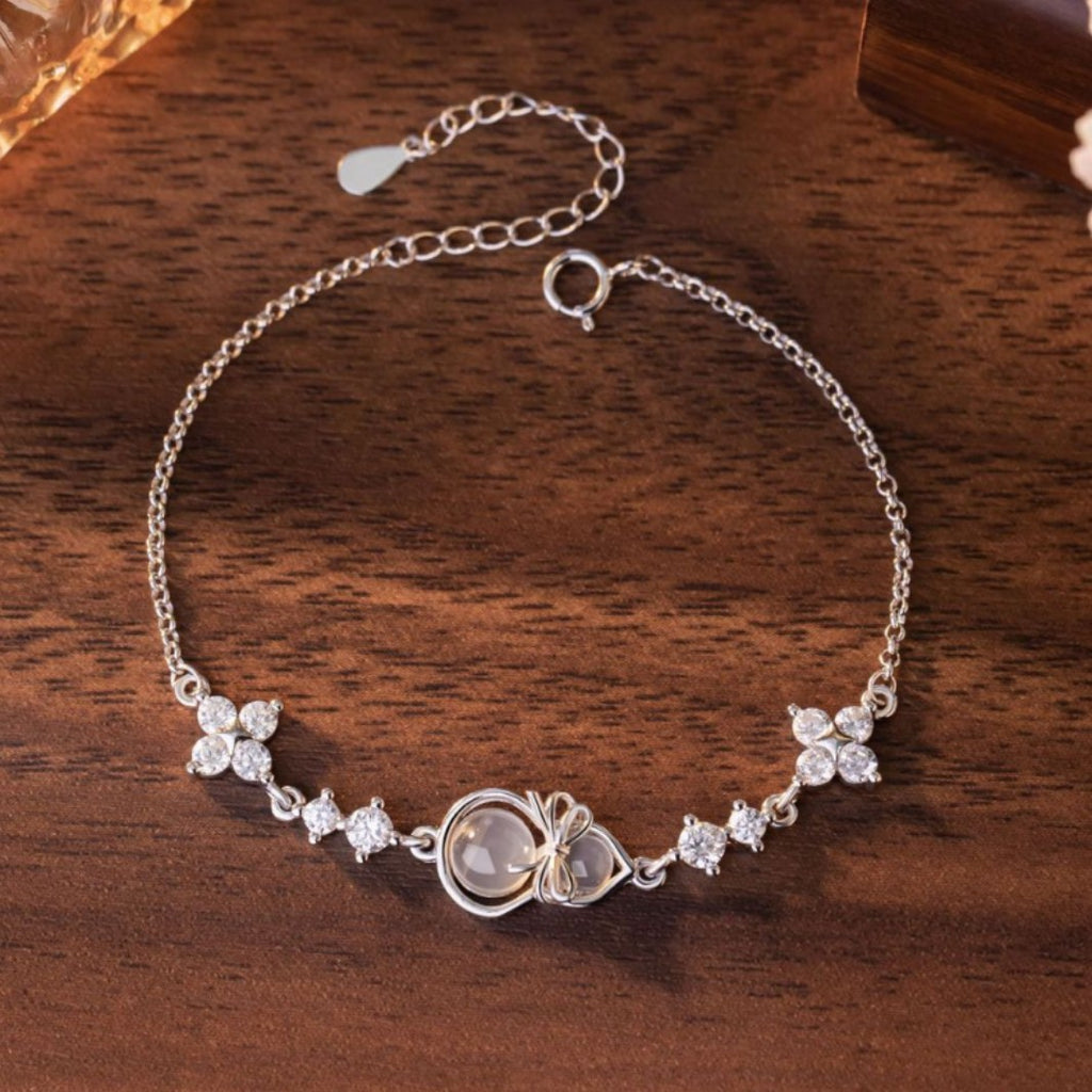 Gourd Sterling Silver 925 Chalcedony Necklace Women's High-Grade Bow Tassel Clavicle Chain Ins Lucky Clover Pendant