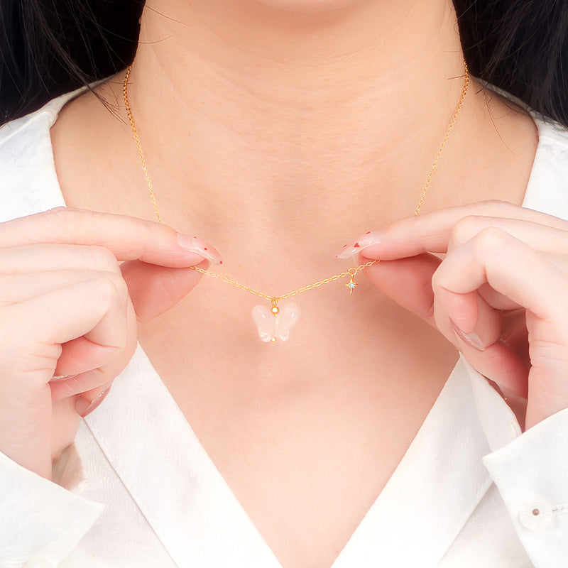 New Chinese Style Butterfly Jade Jewelry Natural Ice Chalcedony Pendant Exquisite S925 Sterling Silver Necklace Gold-Plated Clavicle Chain