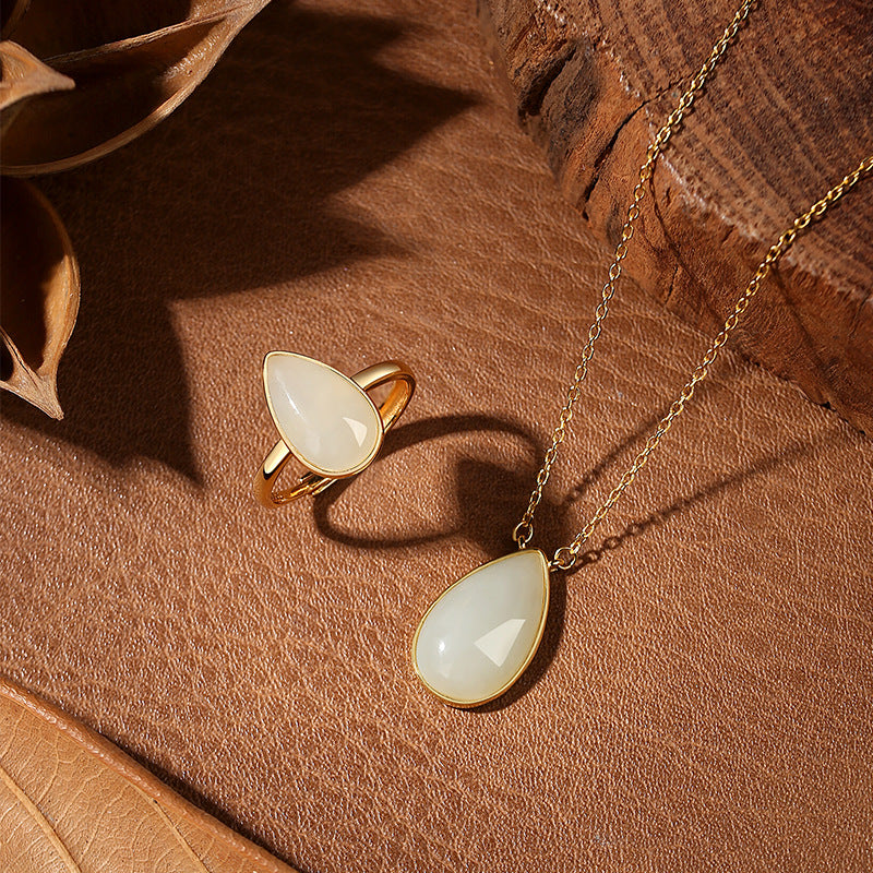 Natural Hetian Jade S925 Sterling Silver Necklace Ring High-Grade Auspicious Water Drop Bag Inlaid Craft National Style Jewelry Supply