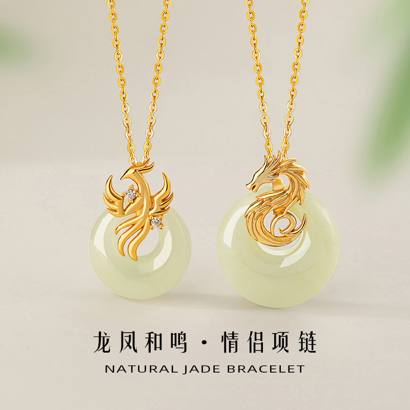 S925 Sterling Silver Couple Necklace New Chinese Style Niche Dragon and Phoenix Design High-Grade Hetian Jade Princess Buckle Lover Gift