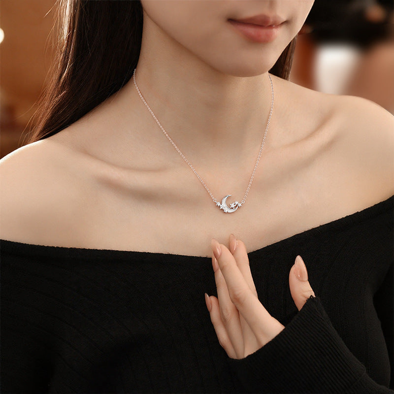 Luminous Enamel Craft S925 Sterling Silver Star Moon Necklace Female Moonstone White Agate Pendant Clavicle Chain Silver Jewelry Wholesale