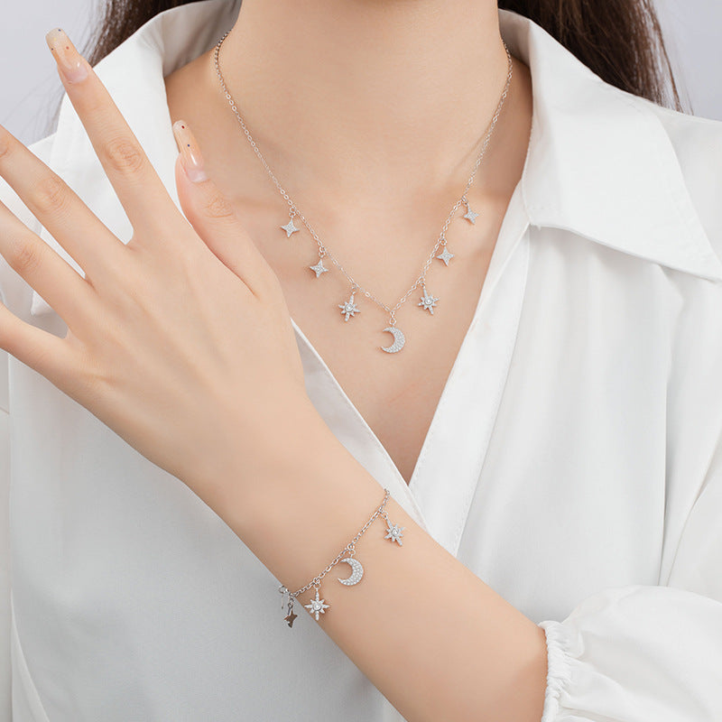 Star Moon Sterling Silver 925 Necklace Female Niche Design Light Luxury Eight Awn Star Clavicle Chain Ins Style Sun Pendant