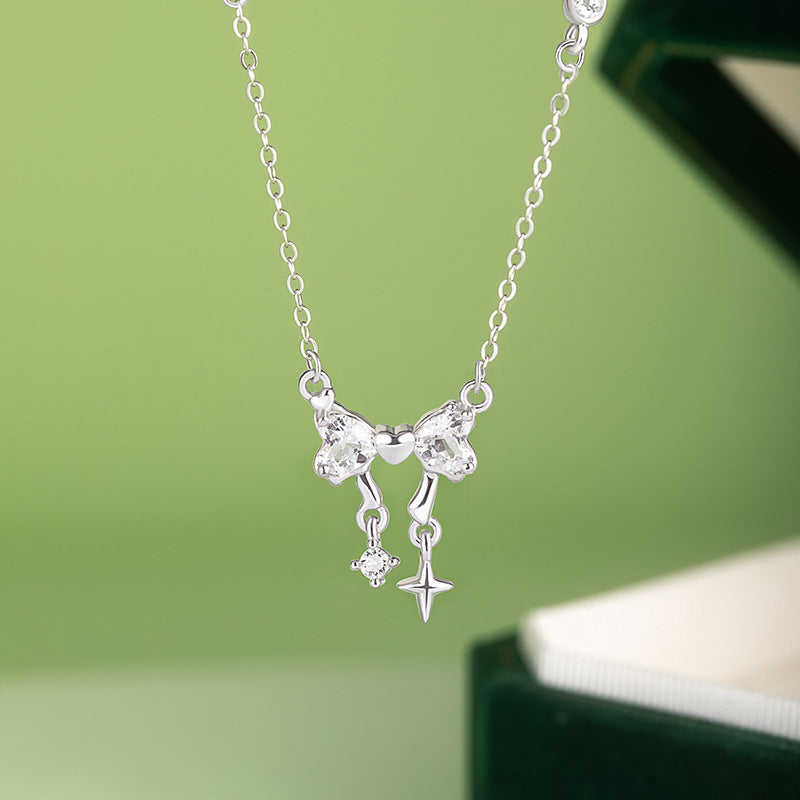 Lixing Shining Bow Necklace for Women S925 Sterling Silver Niche High-End Sense Non-Fading All-Match Clavicle Chain Wholesale