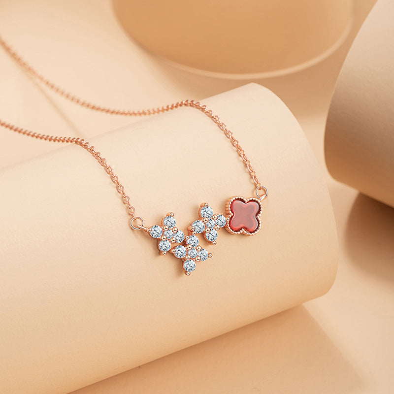 Lucky Clover Sterling Silver 925 Necklace Women's Fashion Versatile Red Agate Clavicle Chain Ins Style Flower Pendant