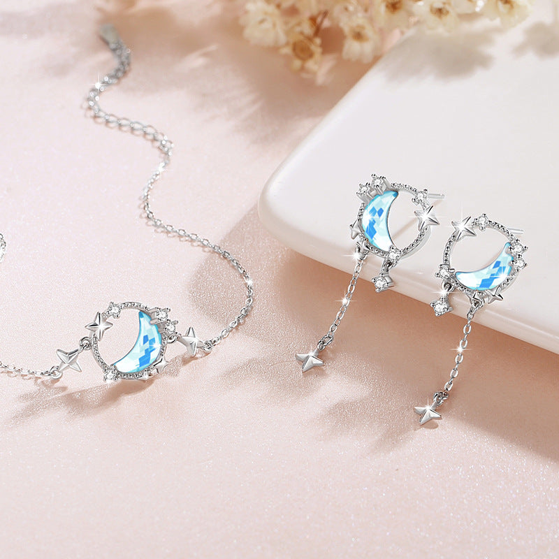 Moon Sterling Silver 925 Bracelet Women's Fashion All-Match Glass Stone Bracelet Ins Style Star Zircon Bracelet