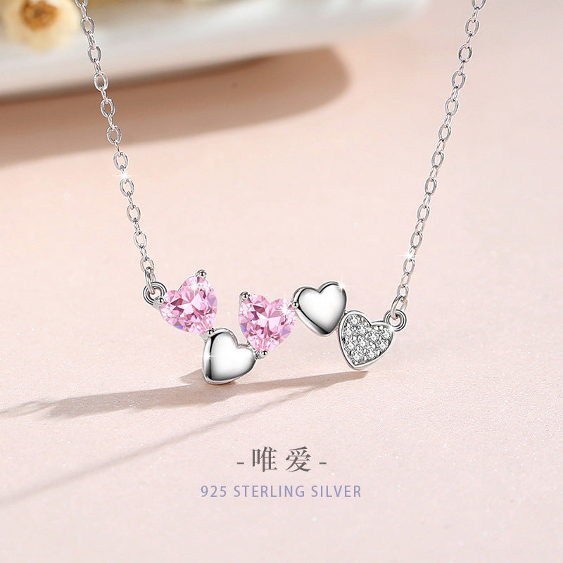 Lovely Sterling Silver 925 Necklace Female Niche Design Light Luxury Pink Zircon Clavicle Chain 520 Valentine's Day Pendant