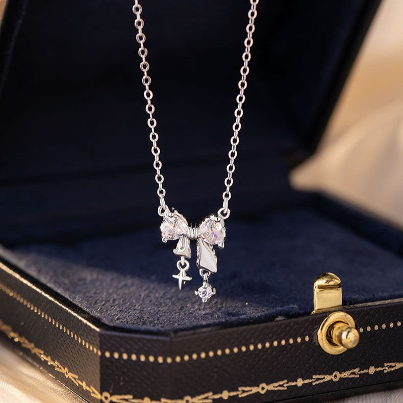 Bow Pure Silver 999 Necklace Women's Fashion All-Match Star Tassel Clavicle Chain Ins Little Red Book Same Pendant