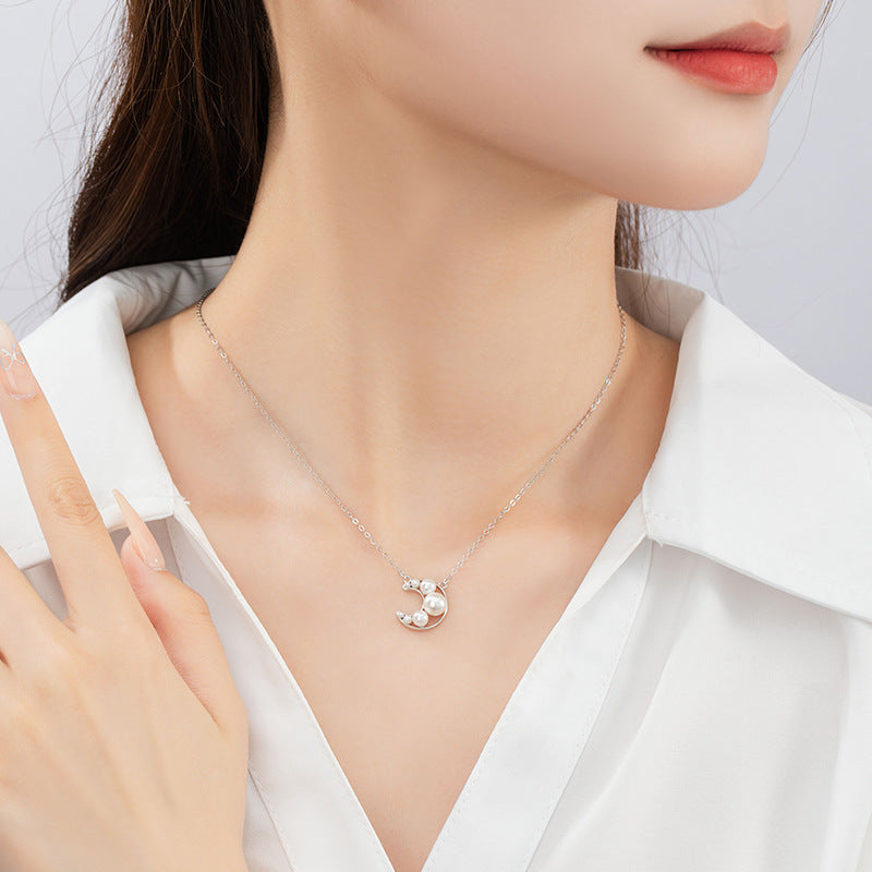 Moon Sterling Silver 925 Necklace Female Niche Light Luxury High-Grade Shijia Pearl Clavicle Chain Ins Style Star Pendant