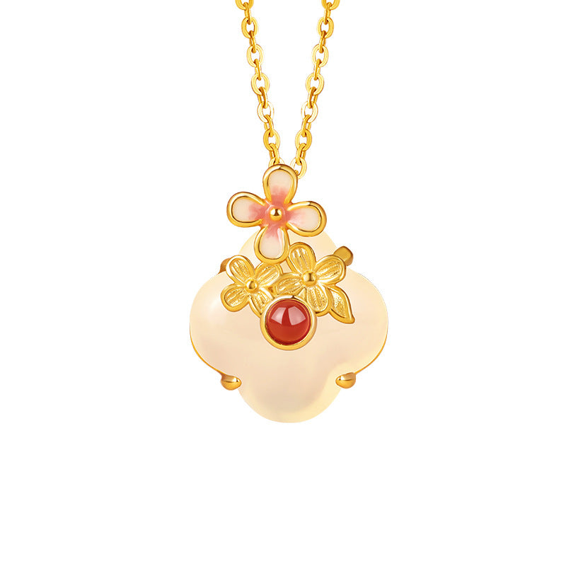 December Birthday Flower God Auspicious Necklace S925 Silver Inlaid White Chalcedony Red Agate Birthday Gift for Girlfriend