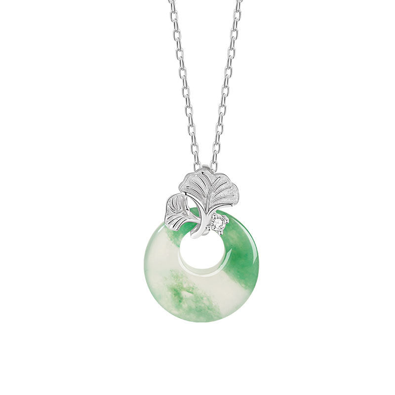 Sansheng Lucky Sterling Silver 925 Necklace Women's New Chinese Natural African Emerald Safety Buckle Clavicle Chain Ginkgo Leaf Pendant