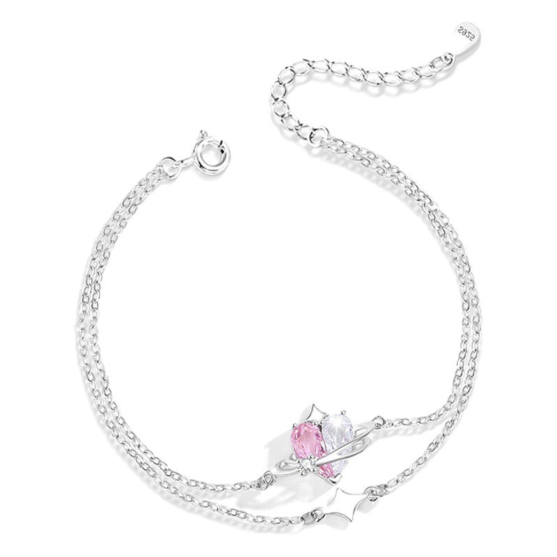 Women's Heart-Shaped Sterling Silver 925 Bracelet Fashionable All-Match Pink Diamond Star Bracelet Ins Style Planet Zircon Bracelet