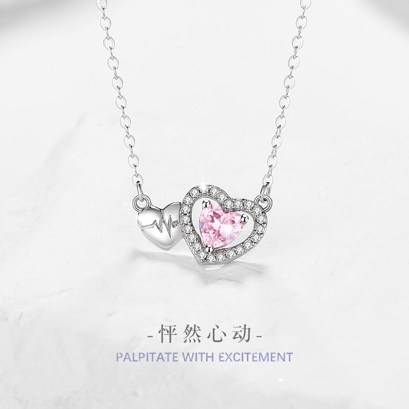 Lovely Sterling Silver 925 Necklace Female Niche Design Light Luxury Pink Diamond Clavicle Chain Get Things Ins Style ECG Pendant