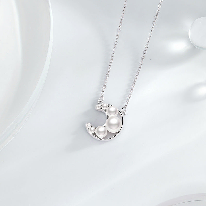 Moon Sterling Silver 925 Necklace Female Niche Light Luxury High-Grade Shijia Pearl Clavicle Chain Ins Style Star Pendant