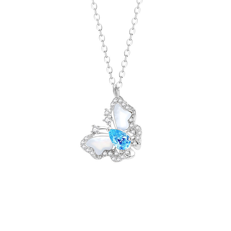 Original Butterfly Sterling Silver 925 Necklace Women's Fashion Versatile Ocean Blue Zircon Clavicle Chain Ins Style White Fritillary Pendant