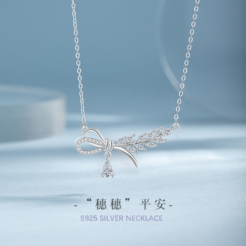 Wheat Ear Sterling Silver 925 Necklace Women's Fashion All-Match Zircon Bow Clavicle Chain Ins Style Laurel Goddess Pendant