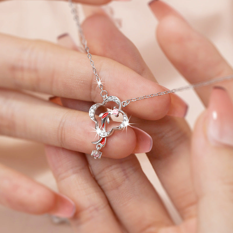 Lucky Koi Fish Sterling Silver 925 Necklace Women's Fashion Versatile Pink Zircon Clavicle Chain Ins Clover Pendant